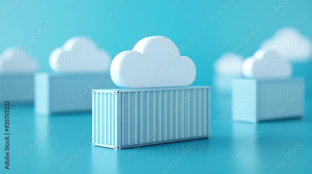 Poster conceptual image of cloud computing with clouds sitting on containers, symbolizing modern data stora