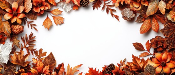 Vibrant autumn leaves and flowers frame a blank white space, perfect for seasonal themes and creative designs.