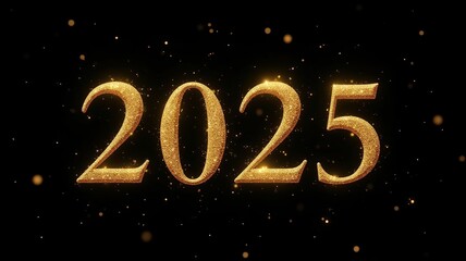 Trendy golden inscription 2025, black background, gold dust. New Year greeting card lettering