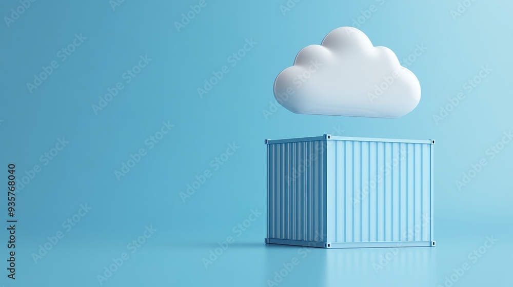 Poster creative concept representing modern data storage with a shipping container and a cloud against a bl