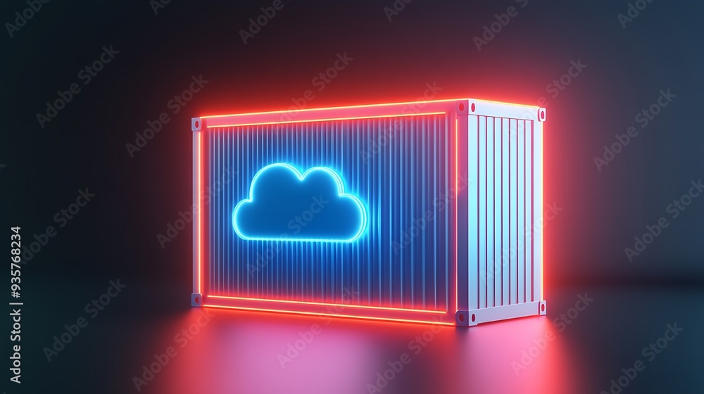 Poster creative neon glowing cargo container with cloud storage symbol on dark background, representing mod