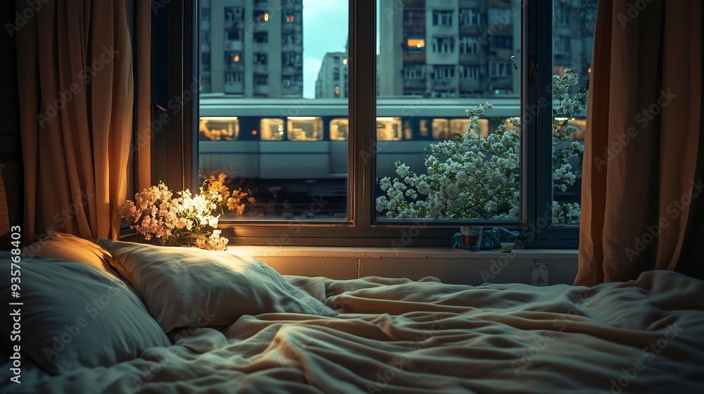 Sticker Cozy bedroom with flowers by the window overlooking a train and cityscape at dusk