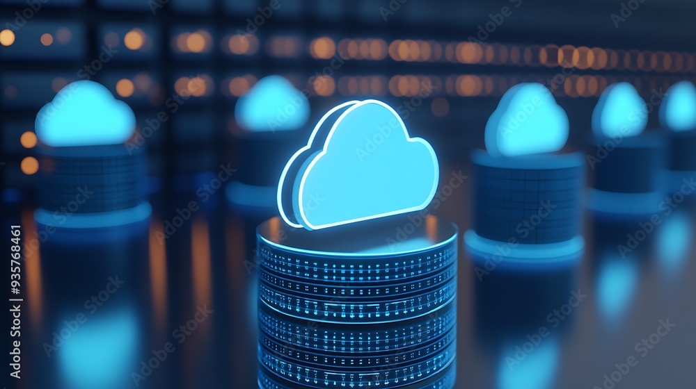 Poster data storage and cloud computing concept. blue illuminated cloud symbols on server stacks in a data 