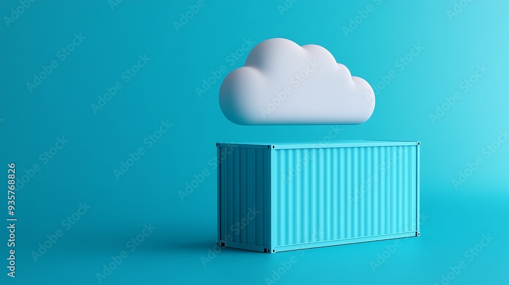 Poster digital art of a cloud hovering over a blue shipping container on a bright teal background, symboliz