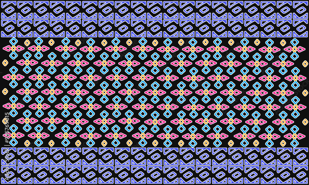 Poster geometric fabric pattern on black background with multi-colored patterns