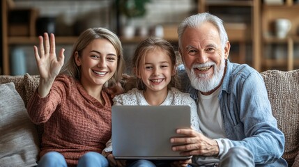 A family sitting on a cozy living room couch, smiling and waving at a laptop screen, enjoying a video call with loved ones across the globe Stock Photo with copy space