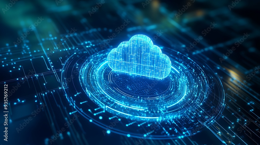 Poster digital cloud computing concept. futuristic technology background with glowing cloud storage hologra