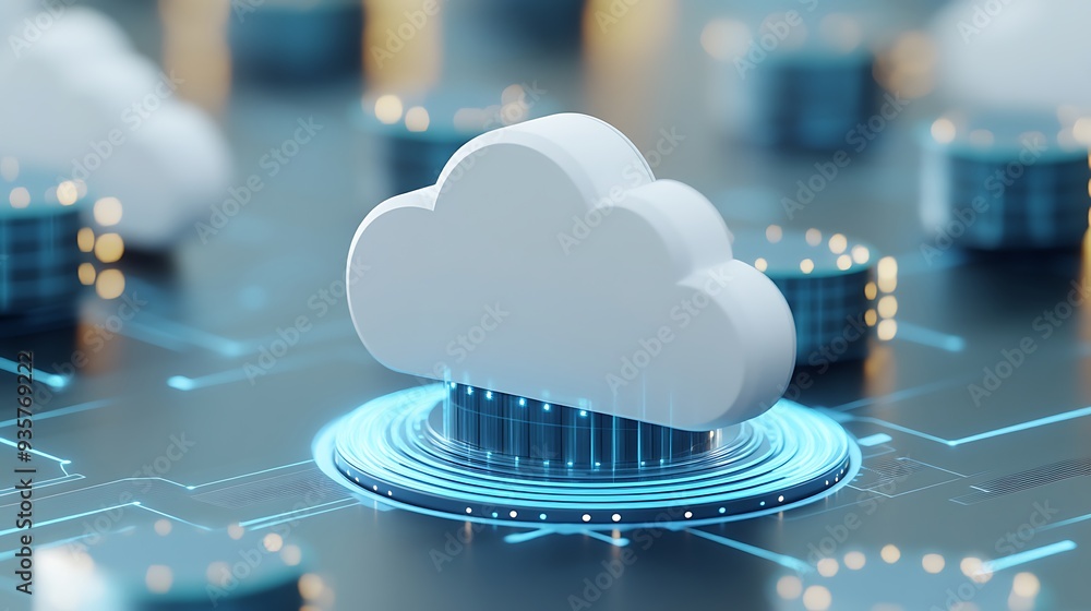 Poster digital cloud computing concept showcasing data storage and technology network connections, surround