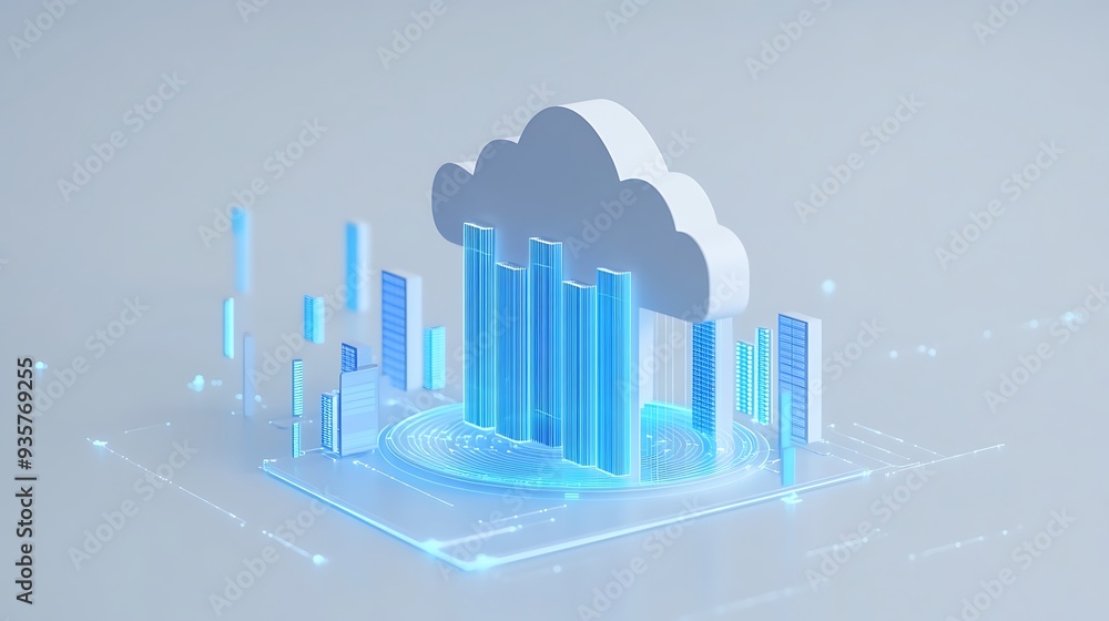 Poster digital cloud computing concept with a geometric bar chart and a cloud icon symbolizing data analysi