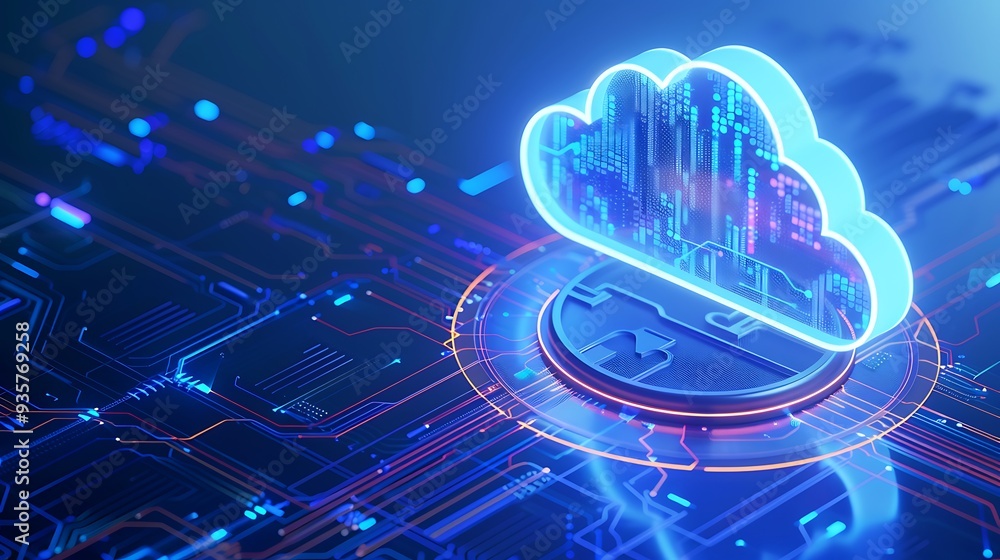 Poster digital cloud computing concept with a futuristic blue neon interface representing data storage, man
