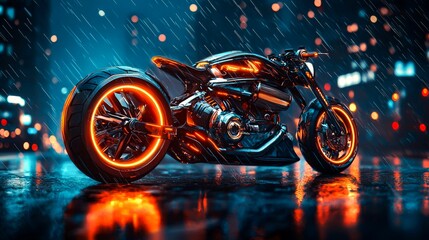 Fototapeta premium Futuristic Motorcycle with Orange Neon Lights in the Rain