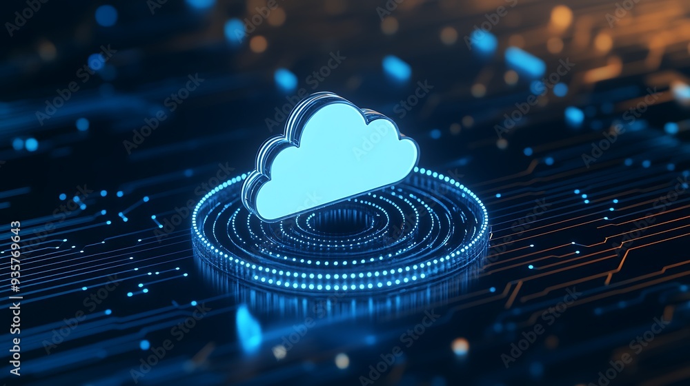 Poster digital cloud computing concept with futuristic circuit board patterns, representing data storage an