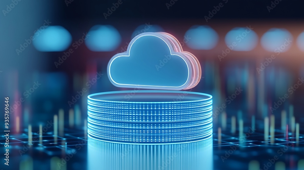Poster digital cloud computing concept with data storage technology and futuristic server, representing inn