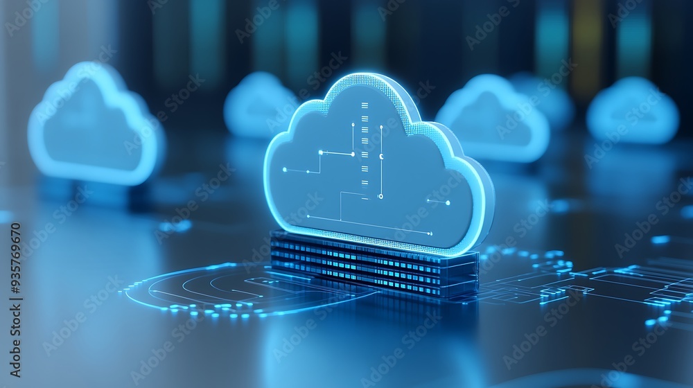 Poster digital cloud computing concept with futuristic glowing blue cloud icons on a dark background, repre