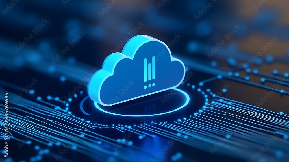 Poster digital cloud computing concept with futuristic technology and data storage depicted in a glowing bl