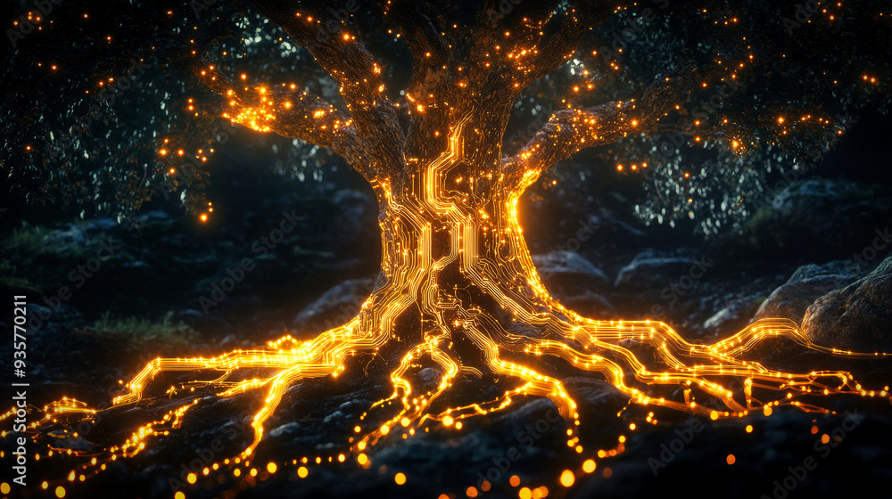 Aufkleber a stylized glowing tree with intricate electronic circuit patterns