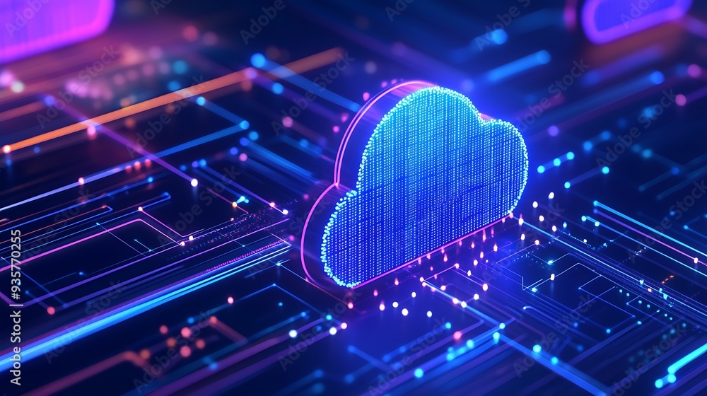 Poster digital cloud computing concept with neon lights and intricate circuit board patterns, representing 