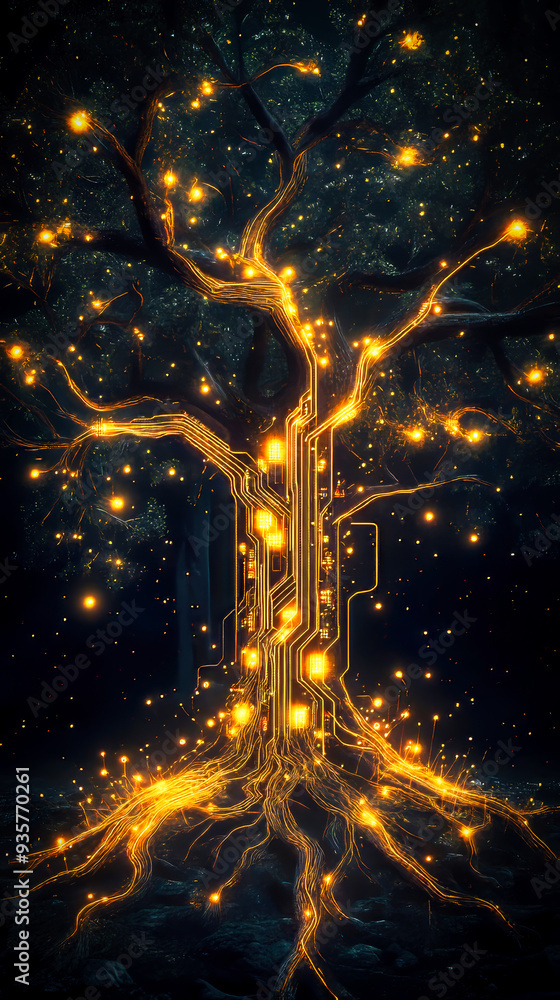 Poster a stylized glowing tree with intricate electronic circuit patterns