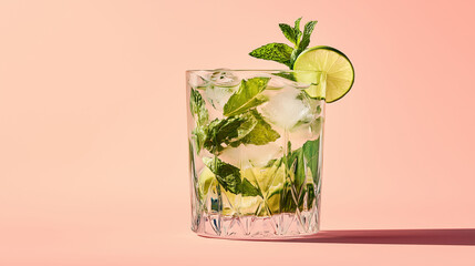 Refreshing mojito served in a tall glass garnished with fresh mint leaves and lime slices against a vibrant orange backdrop