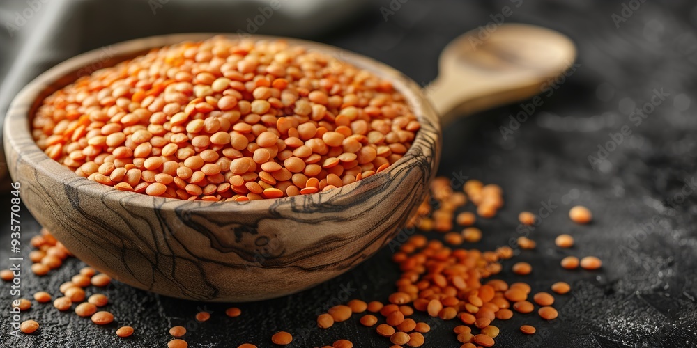 Poster red lentils in wooden bowl