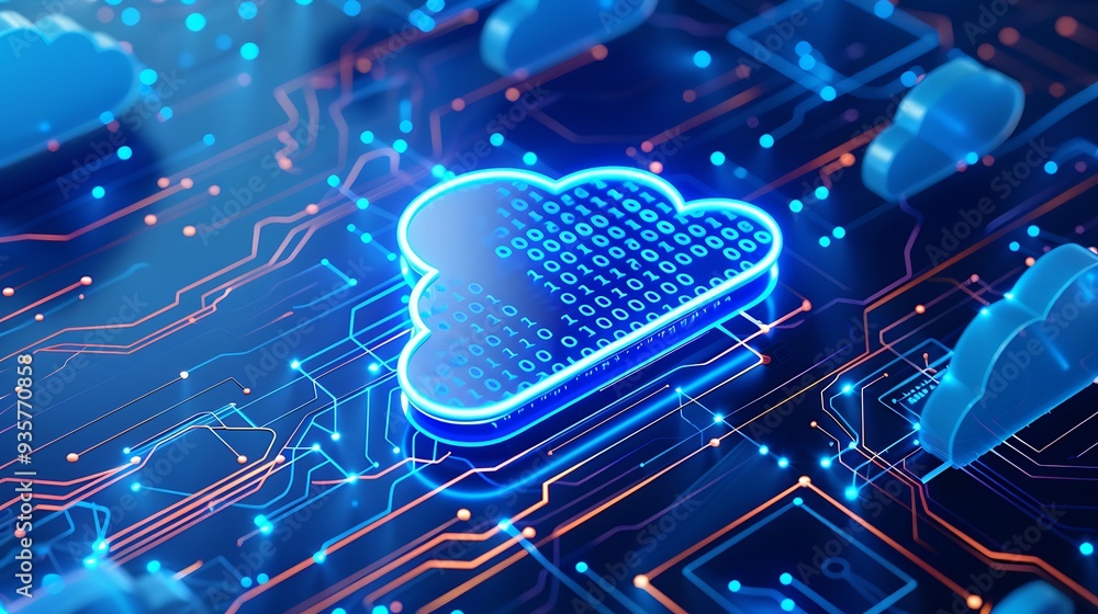 Poster digital cloud computing technology concept with blue glowing cloud icon on a circuit board backgroun