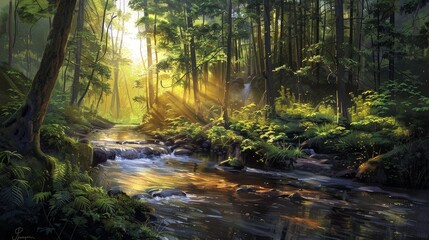 Obraz premium Walking through the forest, the ambient sounds of birds singing, leaves rustling, and a gentle stream flowing nearby created a natural symphony.