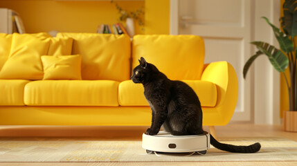 Black cat sitting on vacuum cleaner.