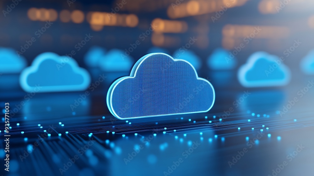 Poster digital cloud computing technology network concept, representing data storage and processing solutio