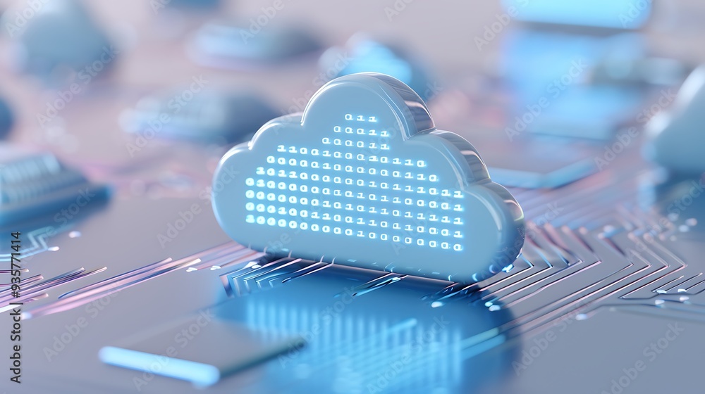 Poster digital cloud icon on a circuit board, representing cloud computing, data storage, and technology in