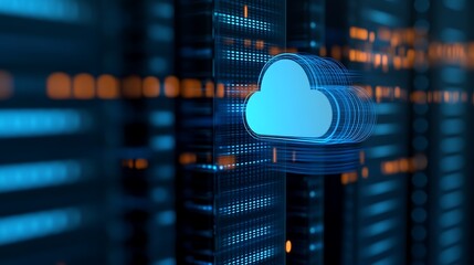 Digital cloud icon in futuristic server room. Concept of cloud storage, data management, and modern technology infrastructure.
