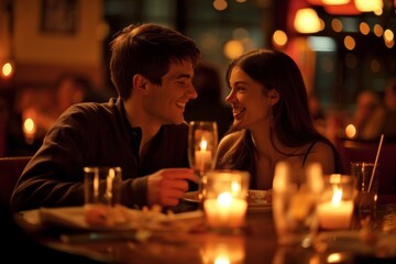A couple is sitting at a table with candles and wine glasses