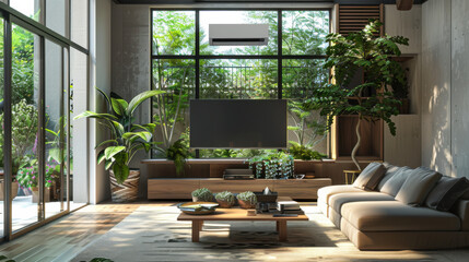 Fototapeta premium Modern living room with large windows and green plants during daylight