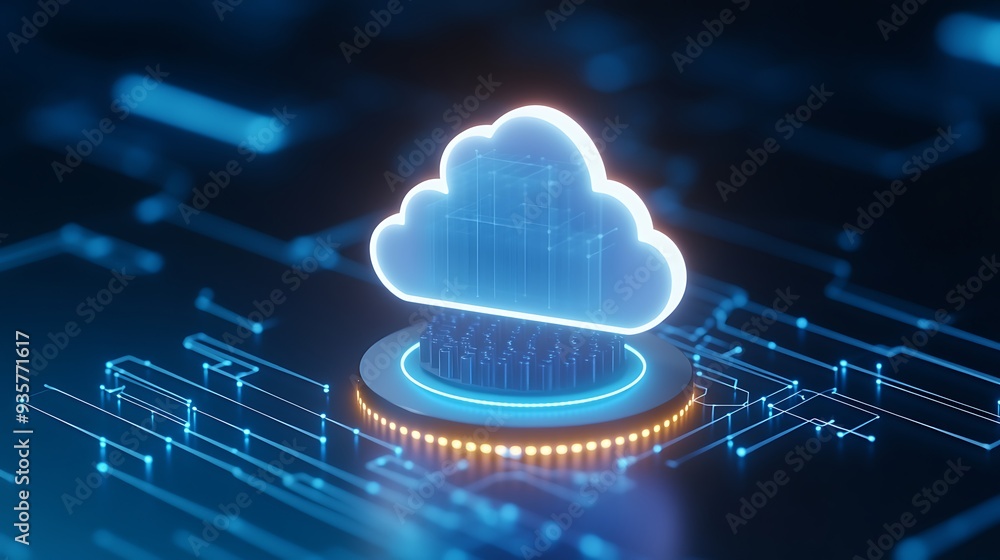 Poster digital cloud icon on a futuristic circuit board, representing modern cloud computing technology and