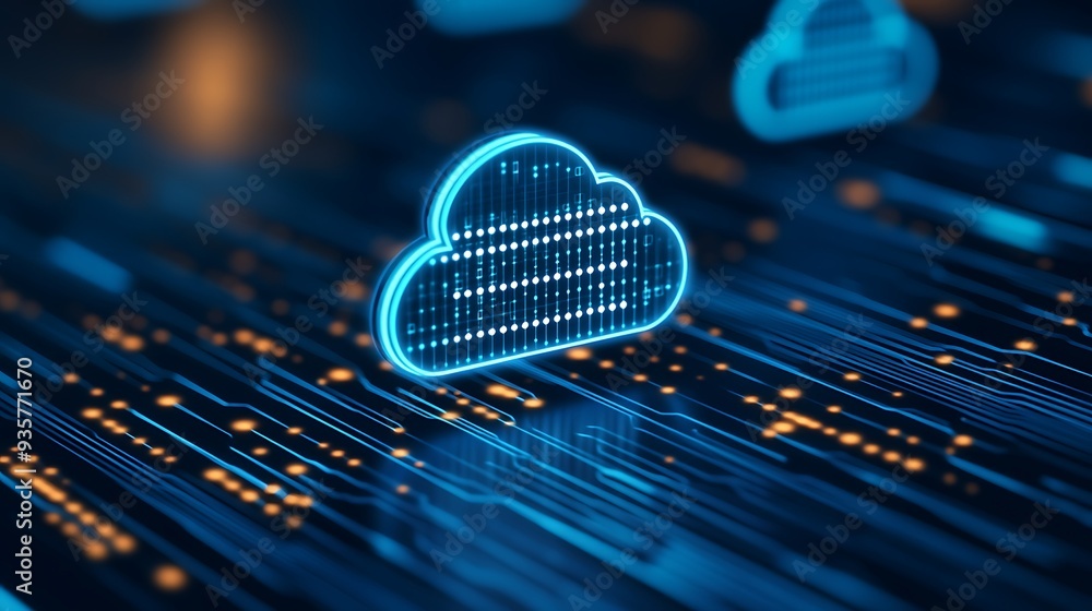 Poster digital cloud icon on a futuristic circuit board symbolizing data storage and cloud computing in a h