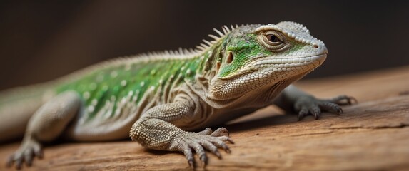 Obraz premium Close-up Portrait of a Green and Grey Lizard on Wood