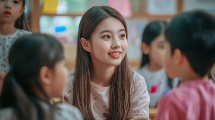 Obraz premium A woman with long brown hair is smiling at a group of children