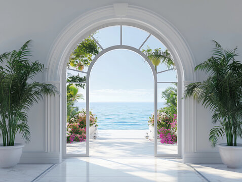 Tropical coastal white concrete archway scene ocean view backdrop luxurious Mediterranean style elegant architecture lush green plants vibrant flowers vacation home decor concept island resort travel 