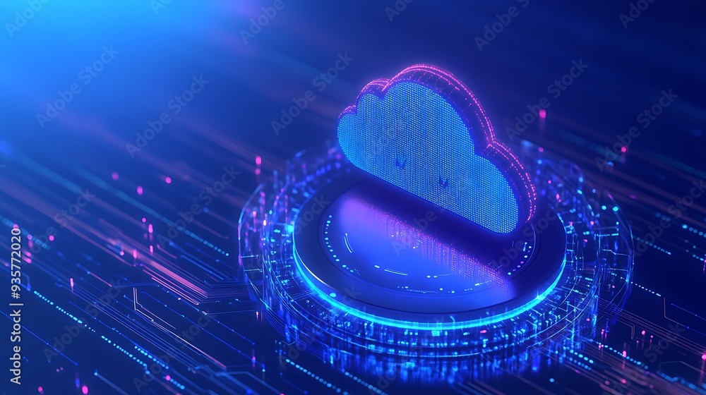 Poster digital cloud icon surrounded by a vibrant network of data streams. representing cloud computing and