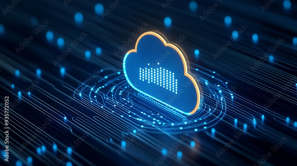 Poster digital cloud icon with data flow, representing cloud computing technology, data storage, and networ