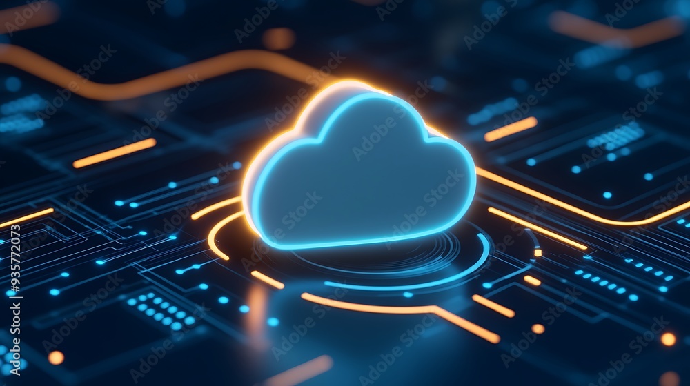 Poster digital cloud icon with neon glow representing cloud computing, data storage, and futuristic technol