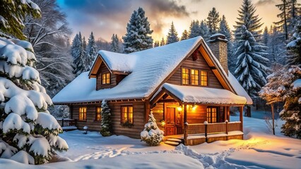 * Basking in the soft glow of twinkling lights, this rustic cottage's wooden decorations mingle with the snow-covered roof, creating a warm and welcoming abode.