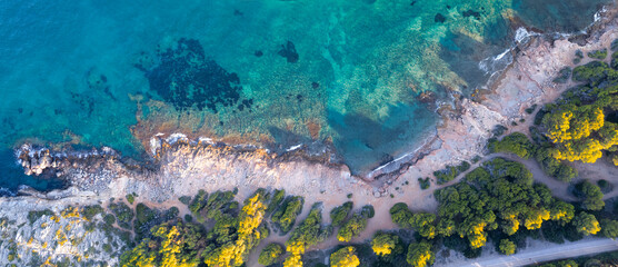 Panoramic view from above, showcasing the turquoise waters and green pine trees along the Mediterranean Coast, Spain