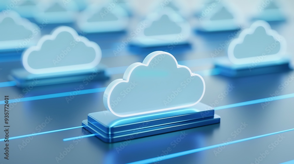 Poster digital cloud icons on a futuristic surface representing cloud computing, storage, and technology so