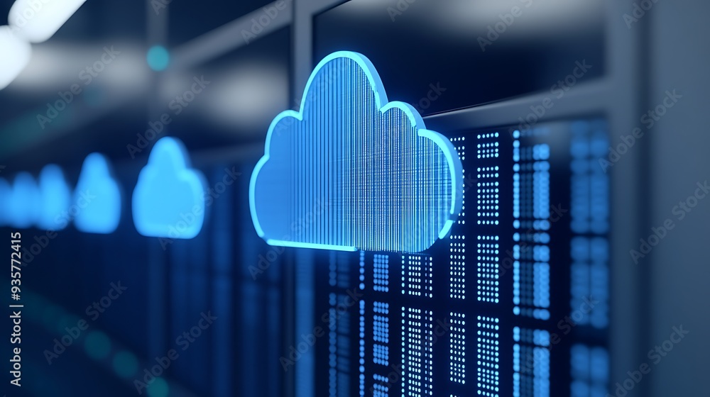 Poster digital cloud icons on a server rack, representing cloud computing and data storage technology in mo