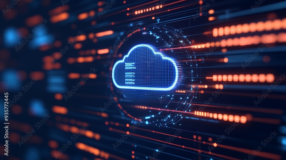 Poster digital cloud representation in a futuristic network, illustrating data storage and cloud computing 