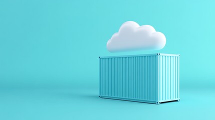 Digital cloud over a shipping container on a blue background, signifying cloud computing and storage technology themes.