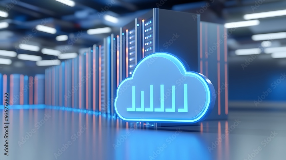 Poster digital cloud storage concept with glowing icon in a futuristic data center environment, reflecting 