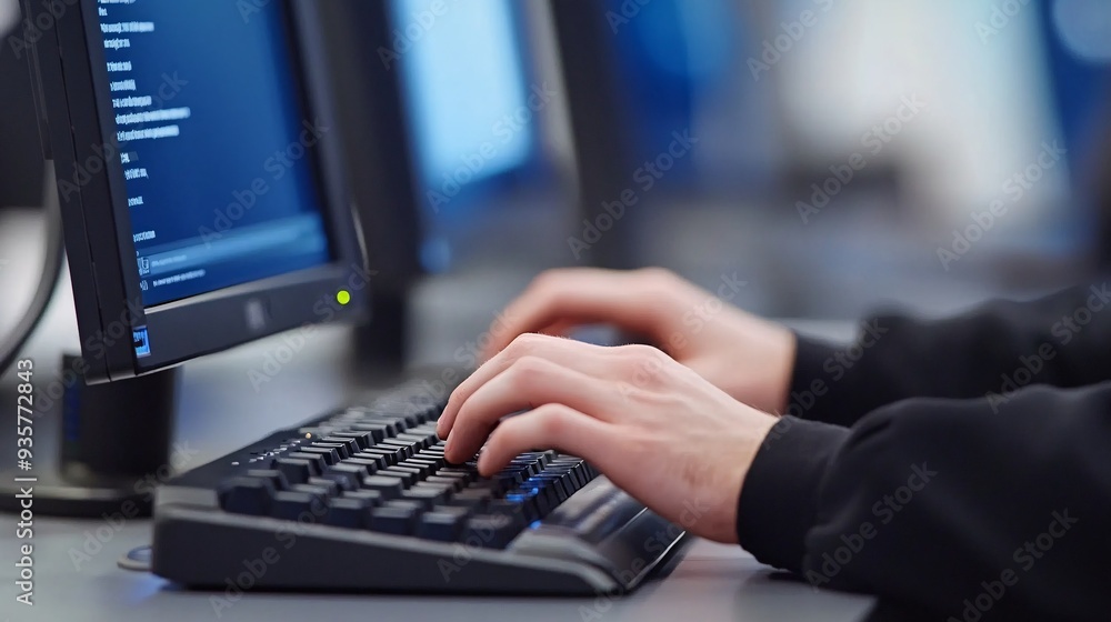 Poster A person with a visual impairment using a screen reader to navigate a computer, showing how technology enables access to information and communication Stock Photo with copy space
