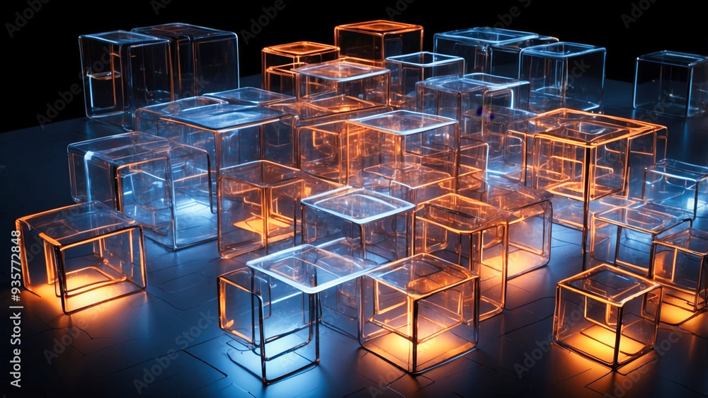 Poster interconnected transparent cubes in an abstract technology composition