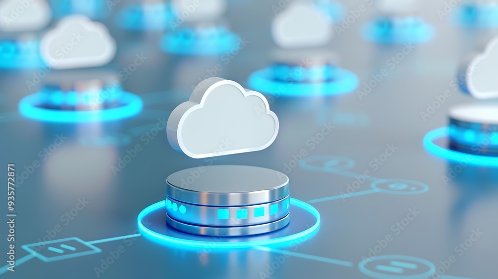 Poster digital cloud storage concept with server connections and glowing blue lights, representing cloud co